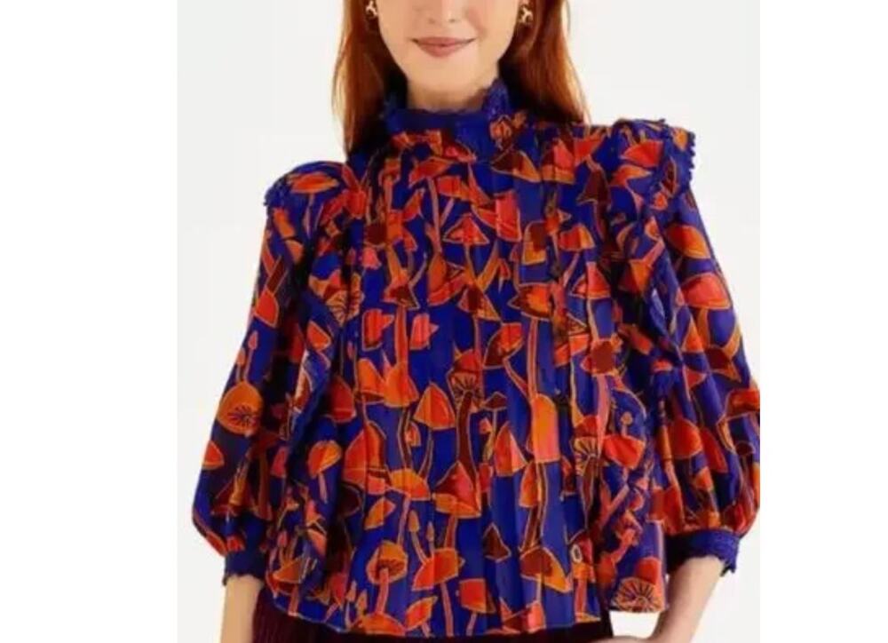 Farm Rio NEW Women Mushroom Sketch Bright Blue Blouse, Size Small